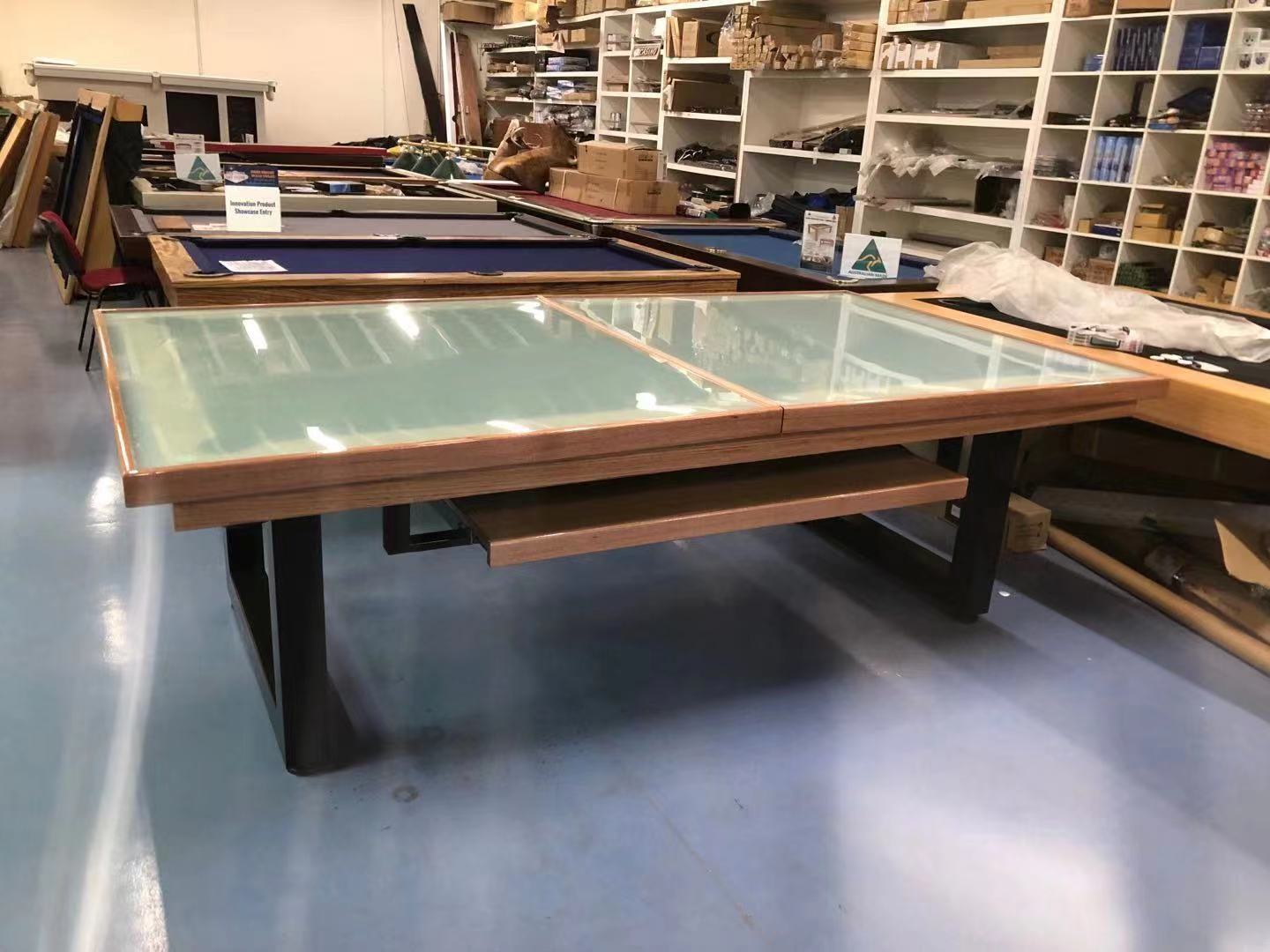 Glass Pool/Billiards table Dining Top, Timber top surround, Glass top
